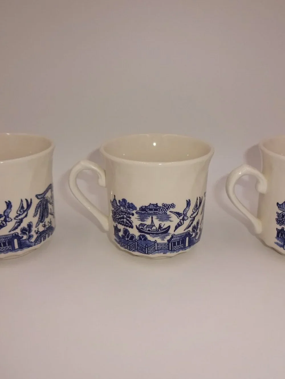 Set of 3 Churchill China Blue Willow Swirl Flat Coffee Tea Mugs Cups England